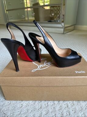 Christian Louboutin N Prive 120 Black Leather Cuoio Slingback Platform Pump Heel